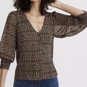 Madewell (Re)sourced Georgette Smocked-Cuff Button-Front Shirt Size Floral